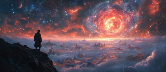 Solitary figure on a cliff overlooking a fantastical, fiery nebula above a cloudy city
