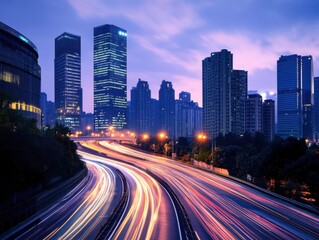 Obraz premium City skyline with light trails and twilight lighting and negative space on top