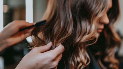 Naklejka premium A client getting their hair styled into loose waves. stock image, hd quality, natural look, blog post, fashion post, styling, hair care.