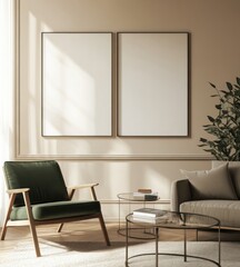 Sunlight illuminates living room with armchairs, side tables, and blank posters.
