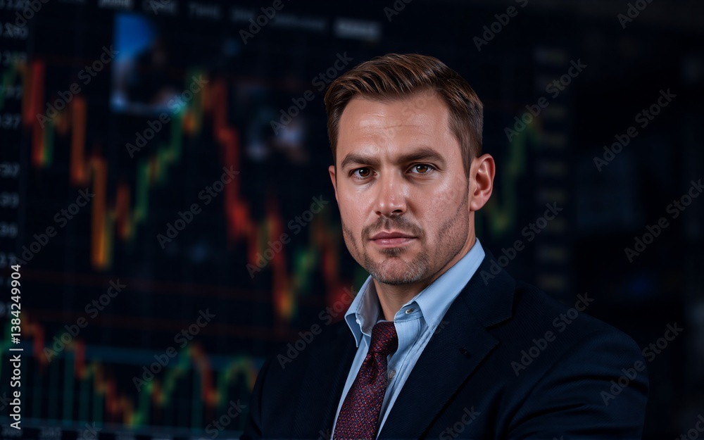 Aufkleber a serious-looking man in a suit and tie confidently gazes forward, with financial charts displayed o