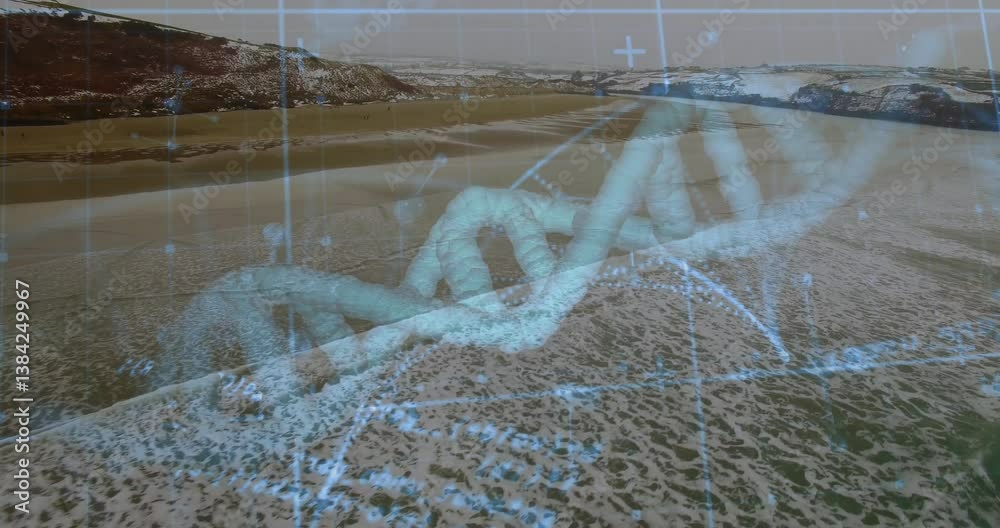 Poster animating dna strand and binary coding over snowy landscape in digital concept