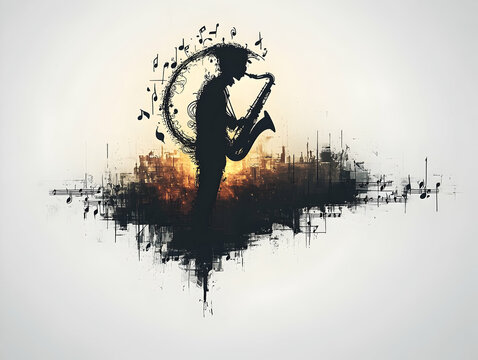 Silhouette of a saxophone player surrounded by music notes against a blurred background resembling a city abstract desi