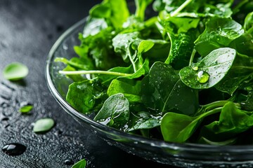 Fresh, vibrant salad greens.  Close-up of a bowl of moist, leafy greens