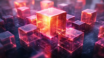Glowing translucent cubes arranged on a dark surface, emitting light