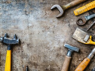 Construction tools flat lay with harsh sunlight and space for text