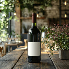 Fototapeta premium A blank wine bottle label mockup with a bottle on a dining table