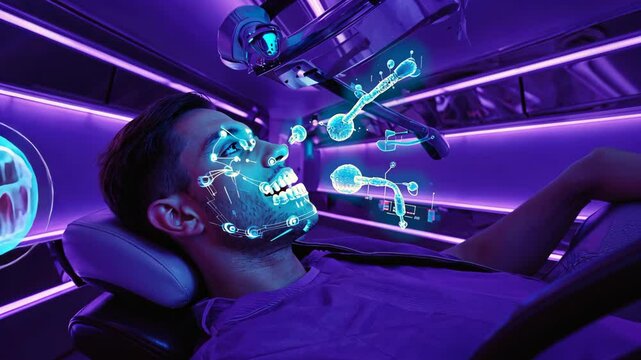 Futuristic dental or medical scan of male patient with digital x-ray interface and facial bone structure analysis &ndash; high-tech diagnostics in neon-lit lab with advanced health and science technology.