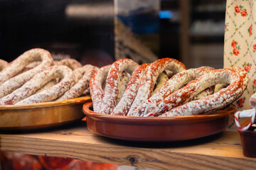 Cantimpalo-style smoky tasting, textured, spiced, slow-aged, finely ground pork sausages and salami, Chorizos Cantimpalos and Longanizas are Spanish cured meats from Segovia in Castile and León, Spain