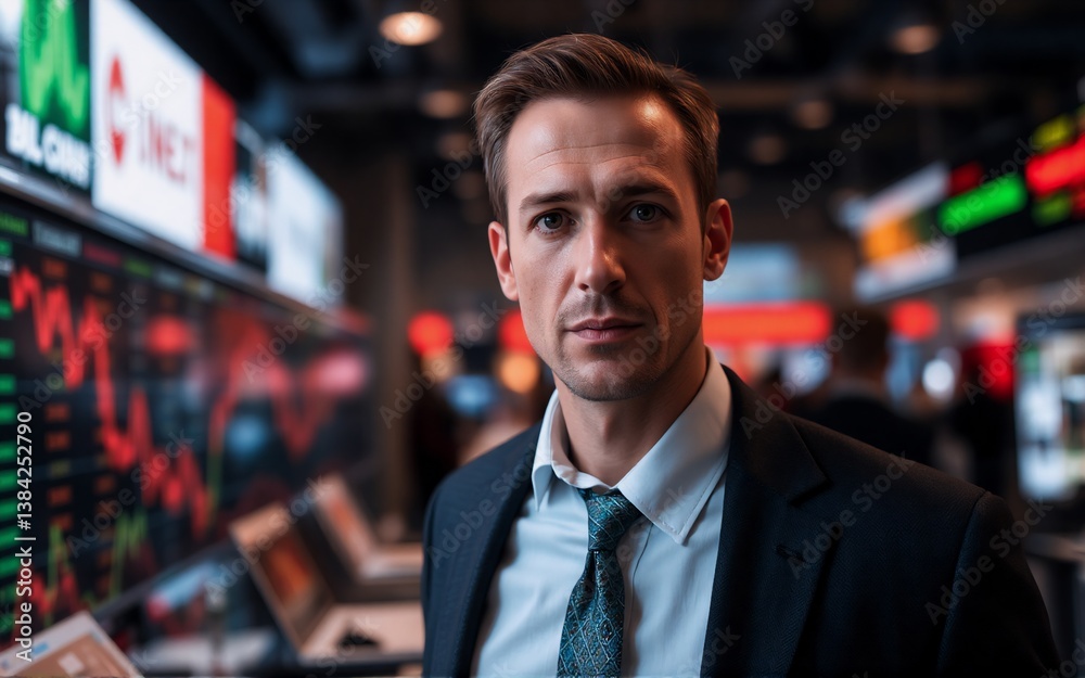 Poster confident man in suit stands before financial screens displaying graphs. he is in a professional set