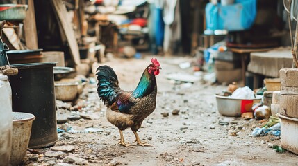 A brightly colored rooster stands on a dirt pathway outdoors