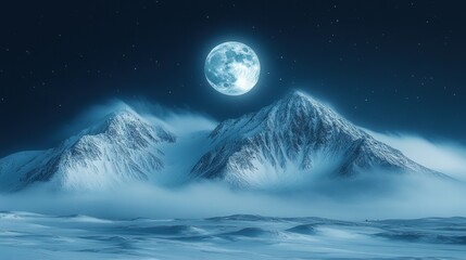 Serene nightscape of snow-capped mountains under a full moon