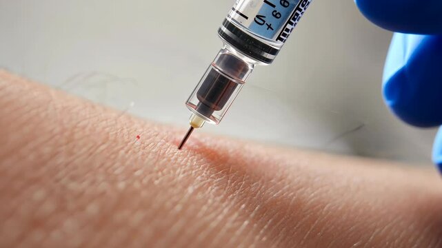 Close up of syringe needle penetrating skin during medical injection, vaccination, immunization, or blood test procedure in clinical setting with focus on healthcare, safety, and prevention treatment.
