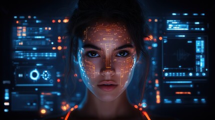 Woman's face overlaid with futuristic digital interface