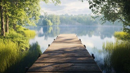 Scenic vista of a wooden dock extending into the tranquil lake waters
