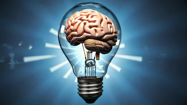 Creative 3D concept of human brain inside light bulb glowing on dark background, symbolizing intelligence, knowledge, idea, innovation, inspiration, thinking process, and modern science technology.