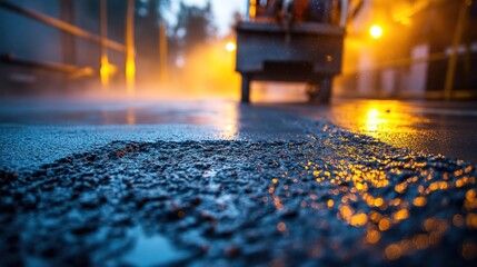Wet asphalt surface being repaired at night, showing aggregate and water