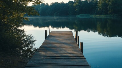 Serene lakeside dawn with wooden pier reflecting peaceful ambiance and nature