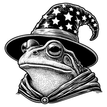 recommend clip art: Frog wear witch hat sketch engraving black and white outline. Scratch board imitation.  illustrated in vintage line art style on a white background.