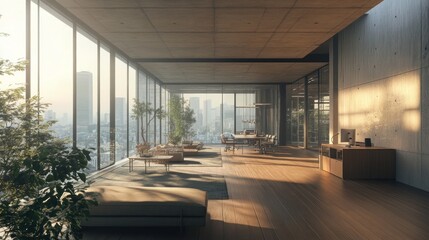 Fototapeta premium Modern minimalist interior design with city views