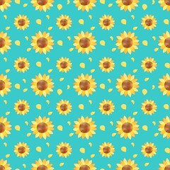 ひまわりの花の背景素材　シームレスパターン　黄色　青緑