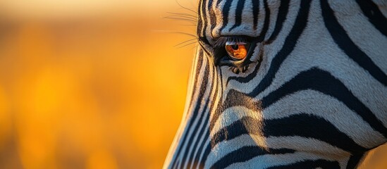 Naklejka premium Golden hour illuminates a zebra's eye and stripes