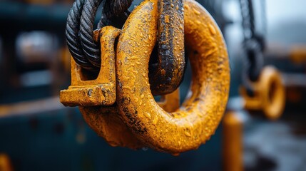 Close-up of weathered yellow metal lifting rings and cable