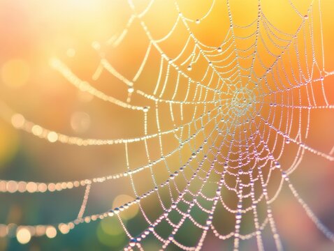 Dew drops on spiderweb in triadic color scheme and morning light with space for text - Powered by Adobe