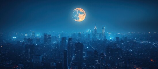 Night cityscape with large, luminous moon