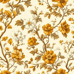 Elegant Floral Pattern in Golden Tones on Soft Ivory Background