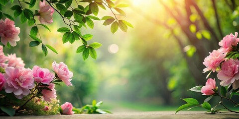 Obraz premium Serene Springtime Garden Bloom Delicate Pink Flowers and Lush Green Foliage Basking in Golden Sunlight