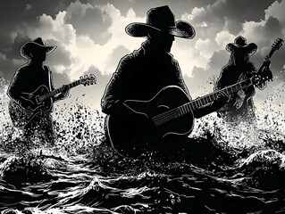 Silhouetted musicians with cowboy hats playing guitars amidst turbulent waters under a cloudy sky in a stark black and w
