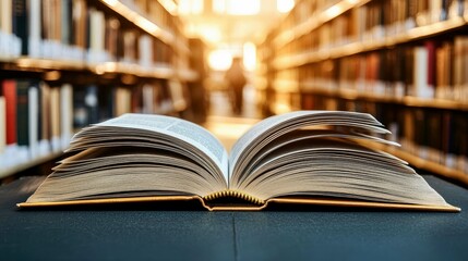 Fototapeta premium Open Book in a Blurry Library: A Haven of Knowledge and Stories