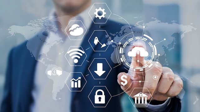 Businessman pressing social network icon on virtual screen