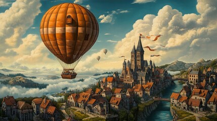 Obraz premium A Whimsical Journey: Hot Air Balloon over Medieval Village