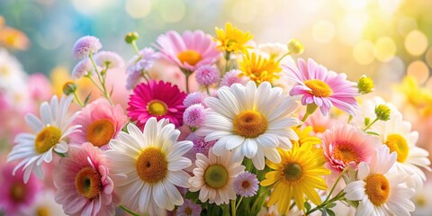 A vibrant bouquet of daisies, gerbera daisies, and other cheerful blossoms bathed in soft sunlight, creating a delightful spring or summer scene.