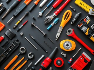 Fototapeta premium Electrician tools flat lay with led lighting and space for branding