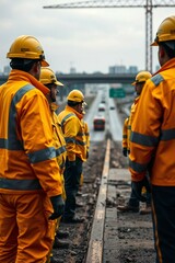A photograph of construction workers in yellow uniforms at a highway construction site