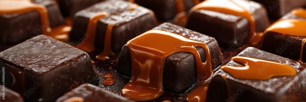 Poster luxurious dark chocolate squares with caramel drips create a captivating dessert experience in soft 
