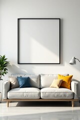 Modern sofa against an empty white wall with black frames , white, black, modern