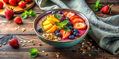A vibrant and delicious smoothie bowl brimming with fresh berries, sliced peaches, and crunchy granola, garnished with refreshing mint leaves, served in a rustic bowl on a wooden surface