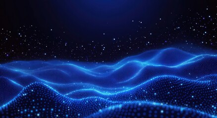 Futuristic Digital Wave Geometry Network with Blue Neon Glowing Points and Lines for Big Data and AI Technology Background