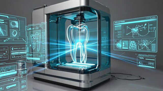 Futuristic 3D printer fabricating holographic tooth model in high-tech lab with digital medical interface and data analysis screens, symbolizing innovation in dental technology and modern healthcare.
