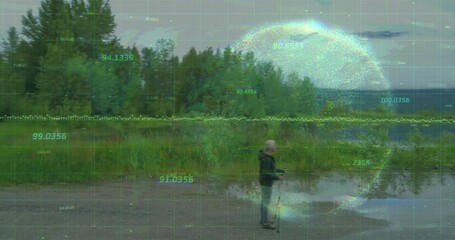 Man standing near lake with digital data and globe animation overlay - Powered by Adobe