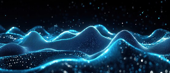 Futuristic Abstract Digital Landscape Flowing Waveforms Neon Blue White Dots Cyberpunk Art 3D Rendering
