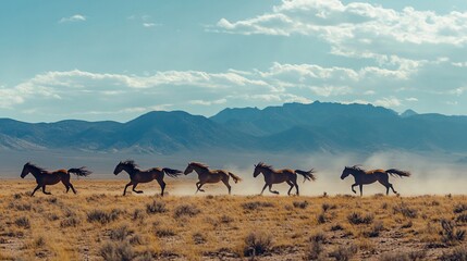 Wild horses galloping across the vast arid landscape under the blue sky