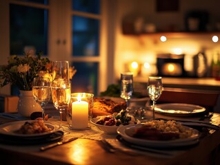 Family dinner table with candlelit ambiance and text space