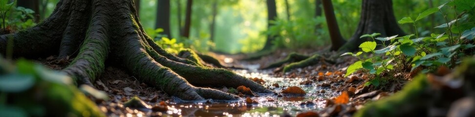 Obraz premium Muddy forest landscape with twisted tree roots, earthy tones, foliage, mud