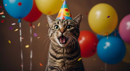 Tabby Cat Celebrating with Balloons