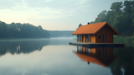 Obraz premium Lakeside wooden cabin on calm water at sunrise.